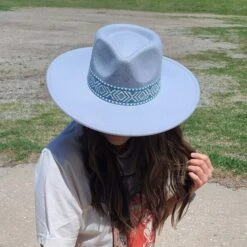Ladies Blue Fedora Aztec Band